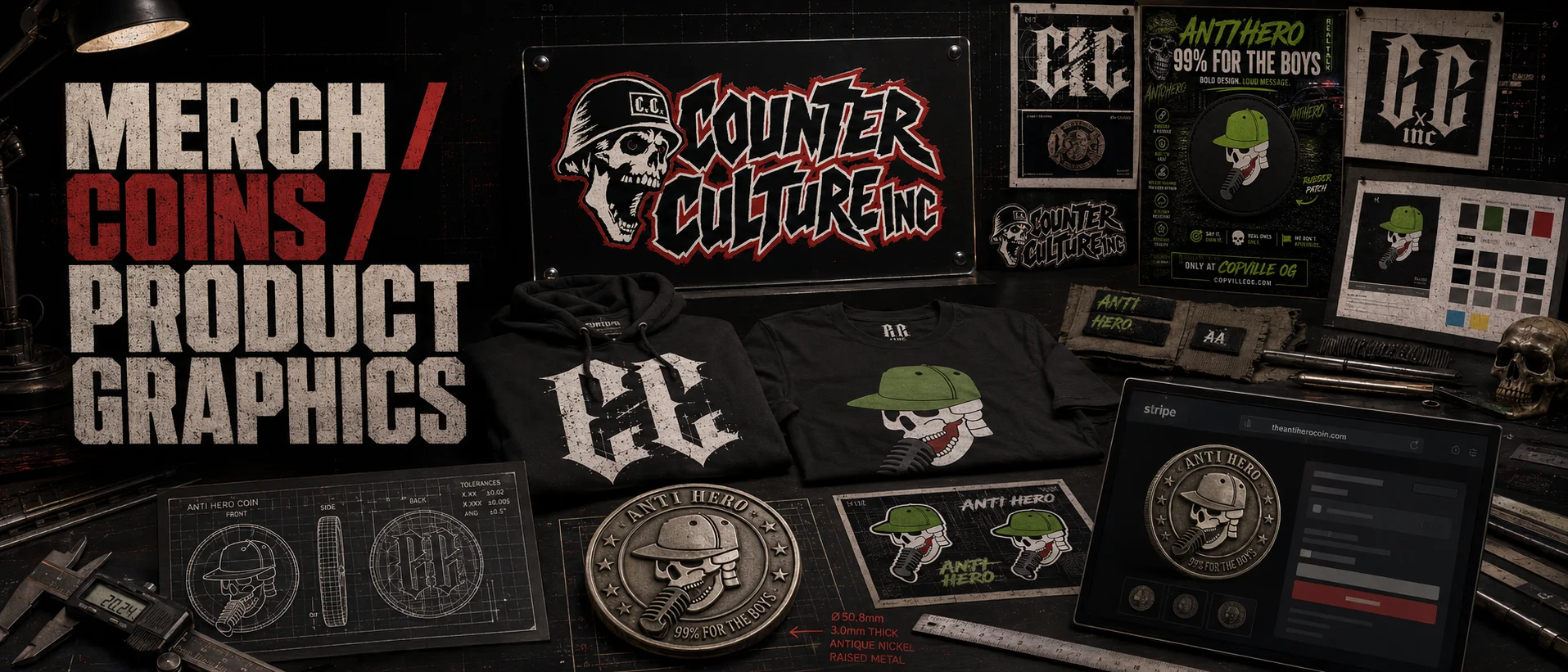 Merch, coins and product graphics