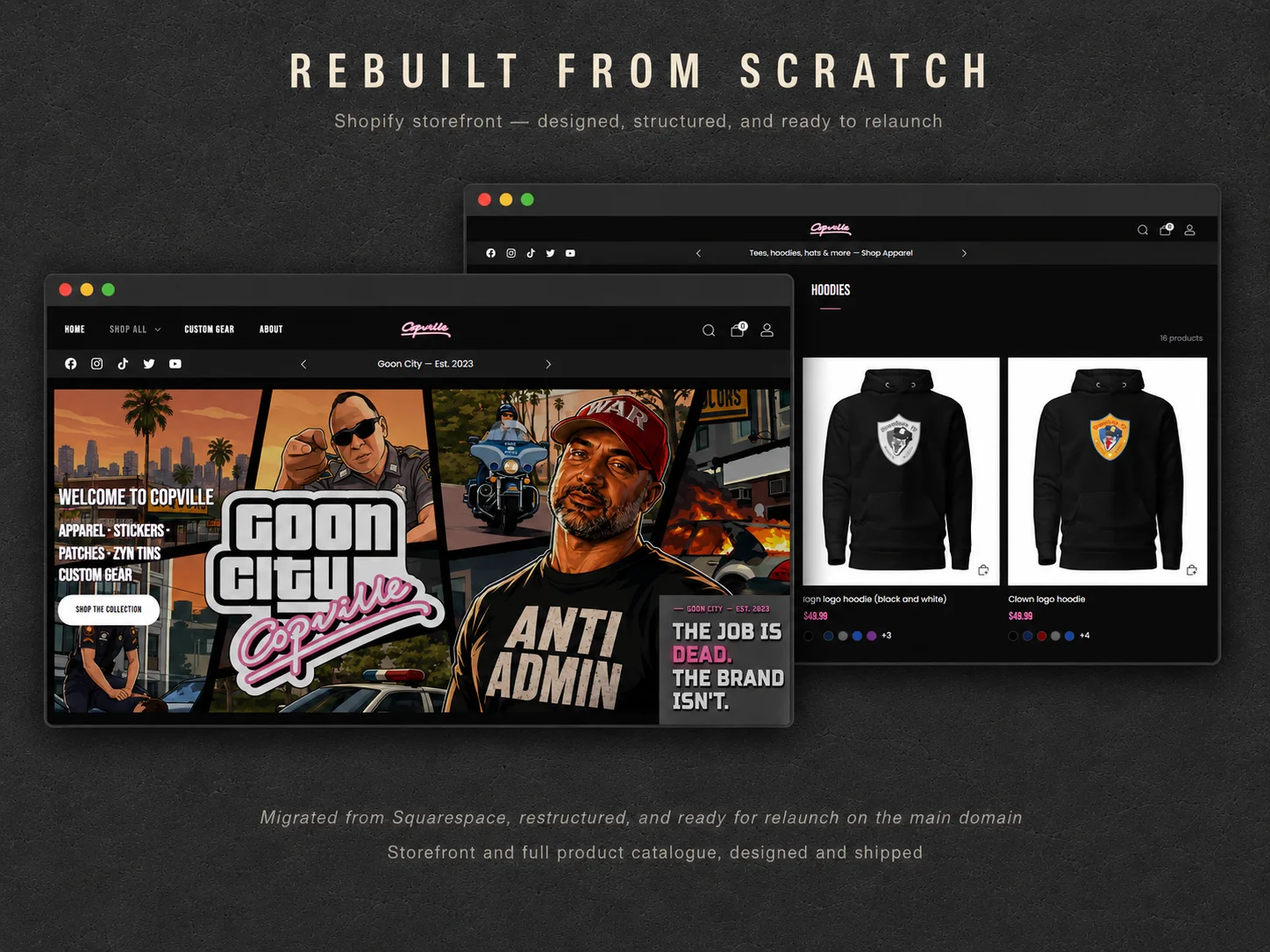 Rebuilt from scratch — Shopify storefront, migrated off Squarespace
