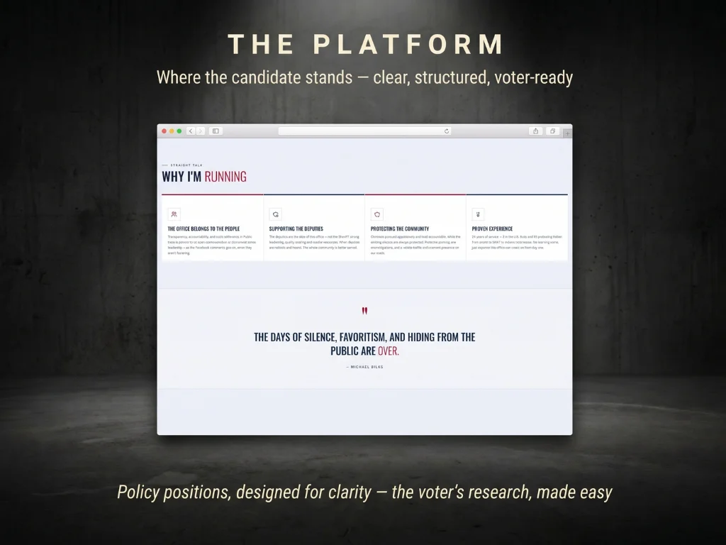 The platform — policy positions, voter-ready