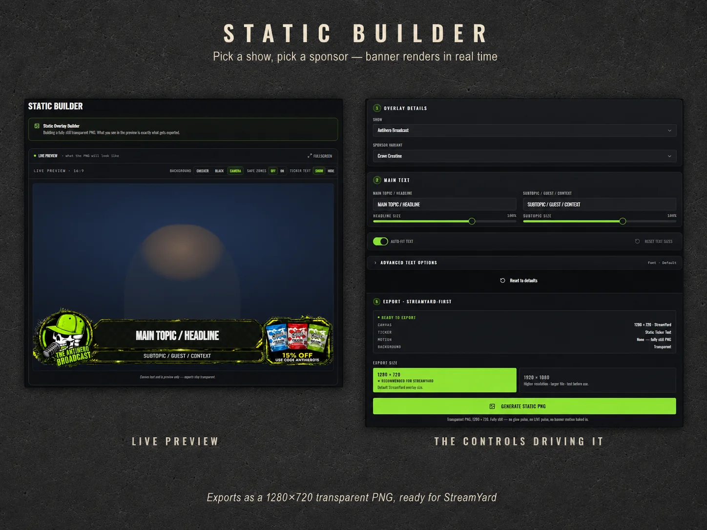Static Builder — show and sponsor selection with live preview